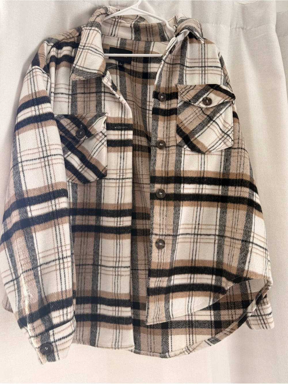 Love Tree Plaid Button-Front Shacket in Cream, Brown, Black